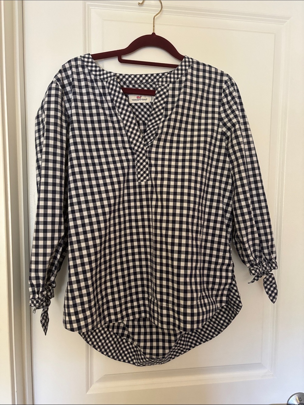 Vineyard Vines Navy and White Gingham Top with Pink Whale Tag
